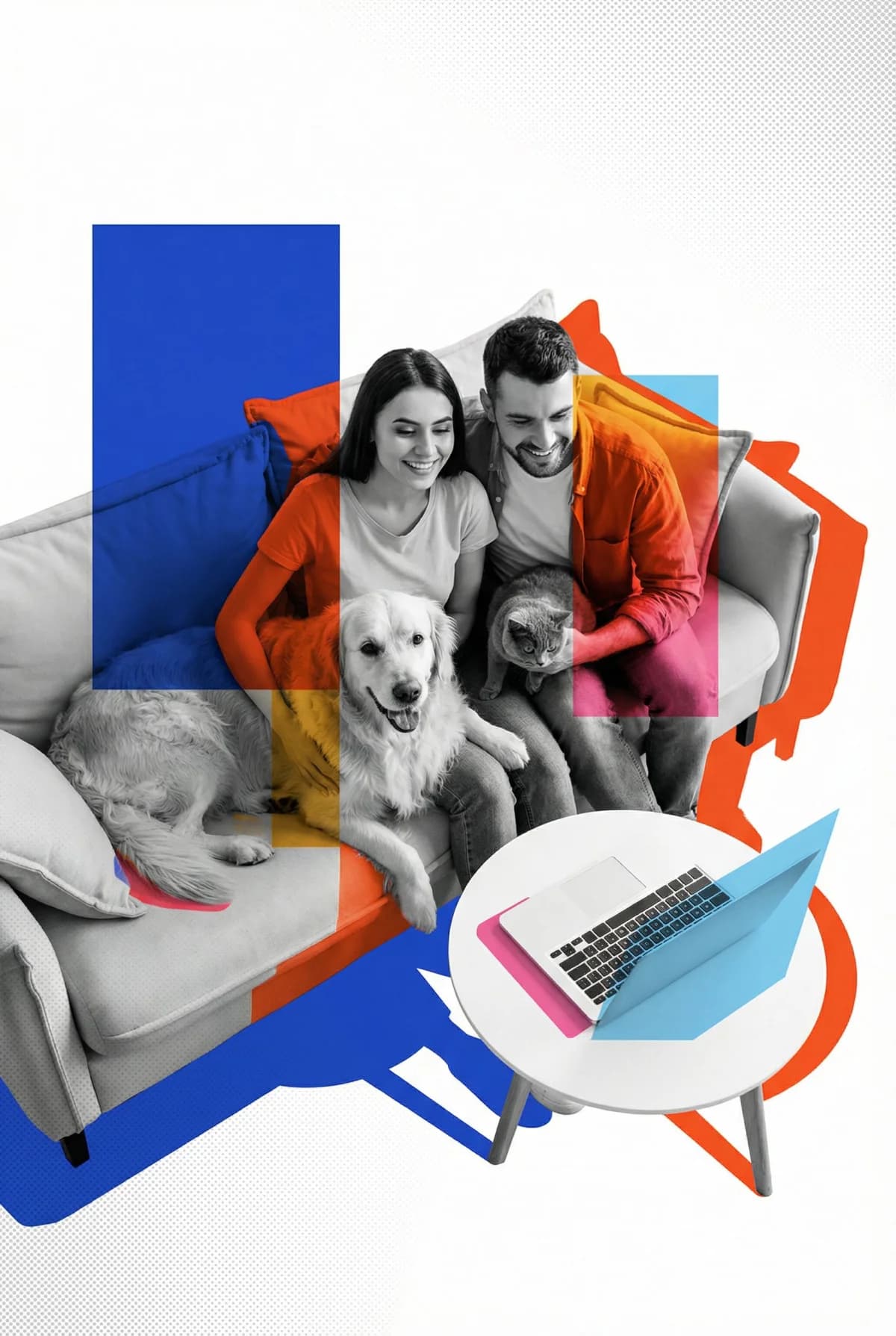 Happy family with pets planning their finances together on a laptop