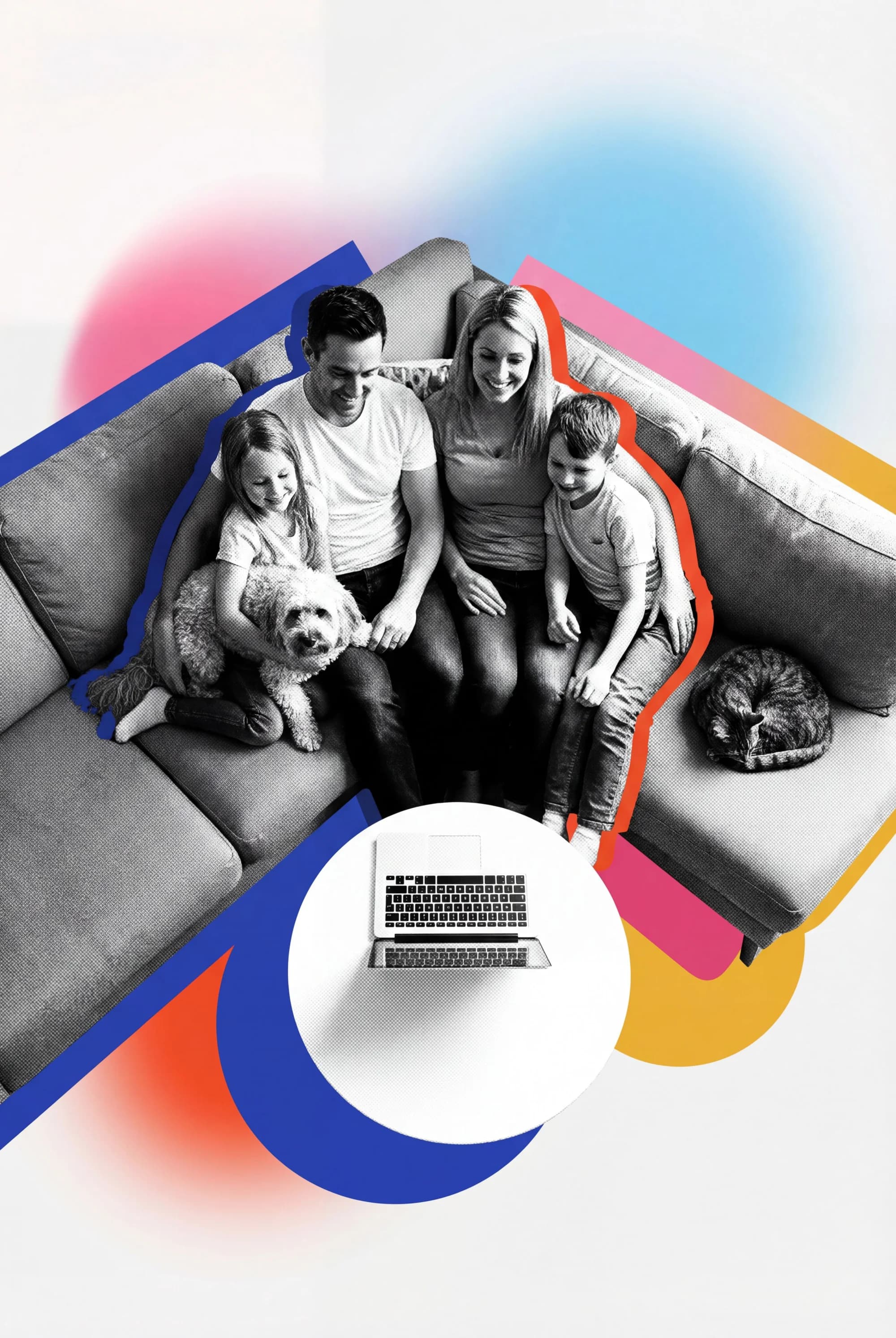 Happy family with pets planning their finances together on a laptop