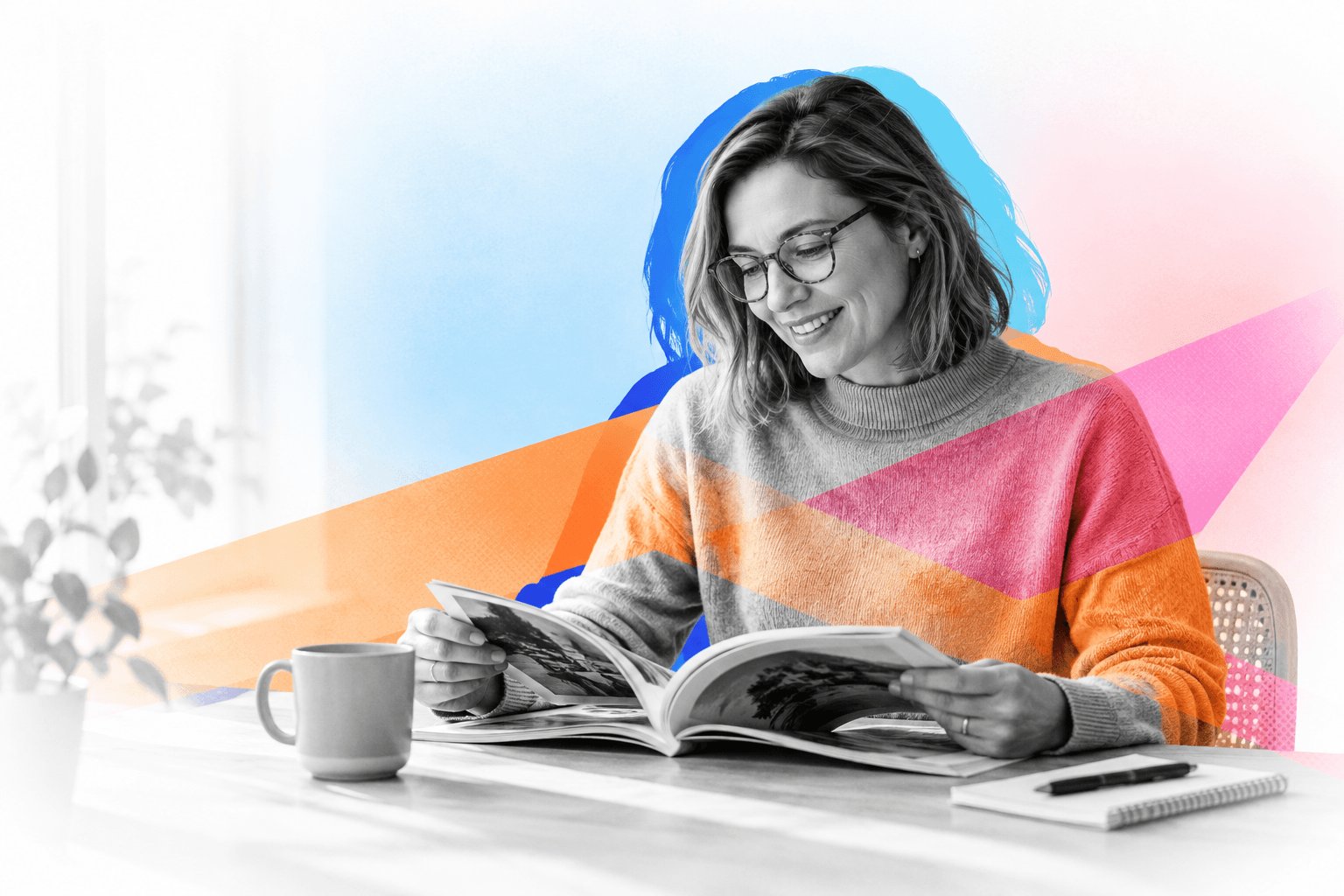 Woman reading a magazine at home, surrounded by colourful editorial collage accents