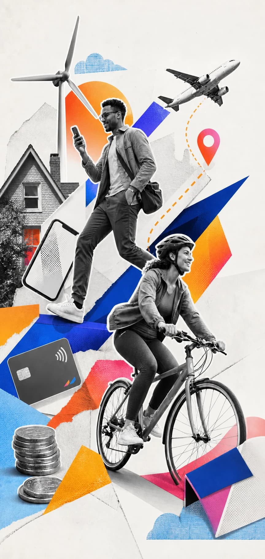 Commuters moving through an energetic collage of home, travel, energy, mobile, and money services