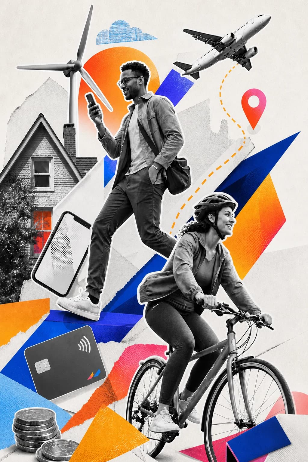 Commuters moving through an energetic collage of home, travel, energy, mobile, and money services