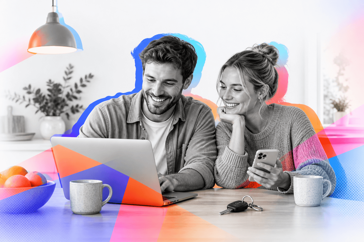 Couple comparing everyday deals on a laptop and phone at home, with colourful editorial collage accents