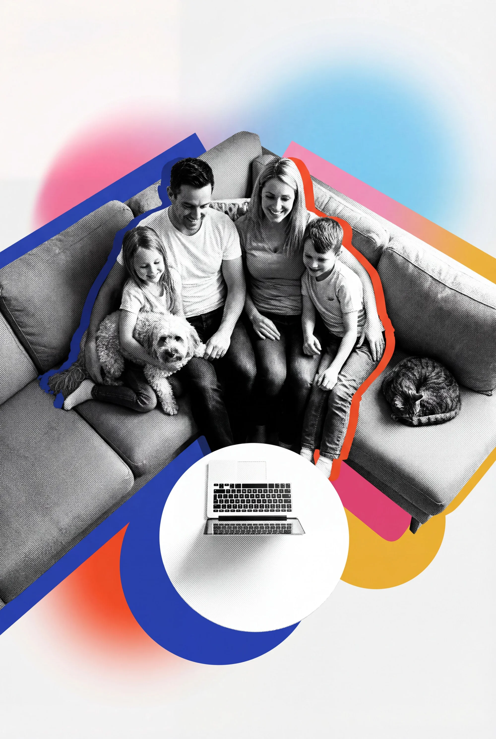 Happy family with pets planning their finances together on a laptop