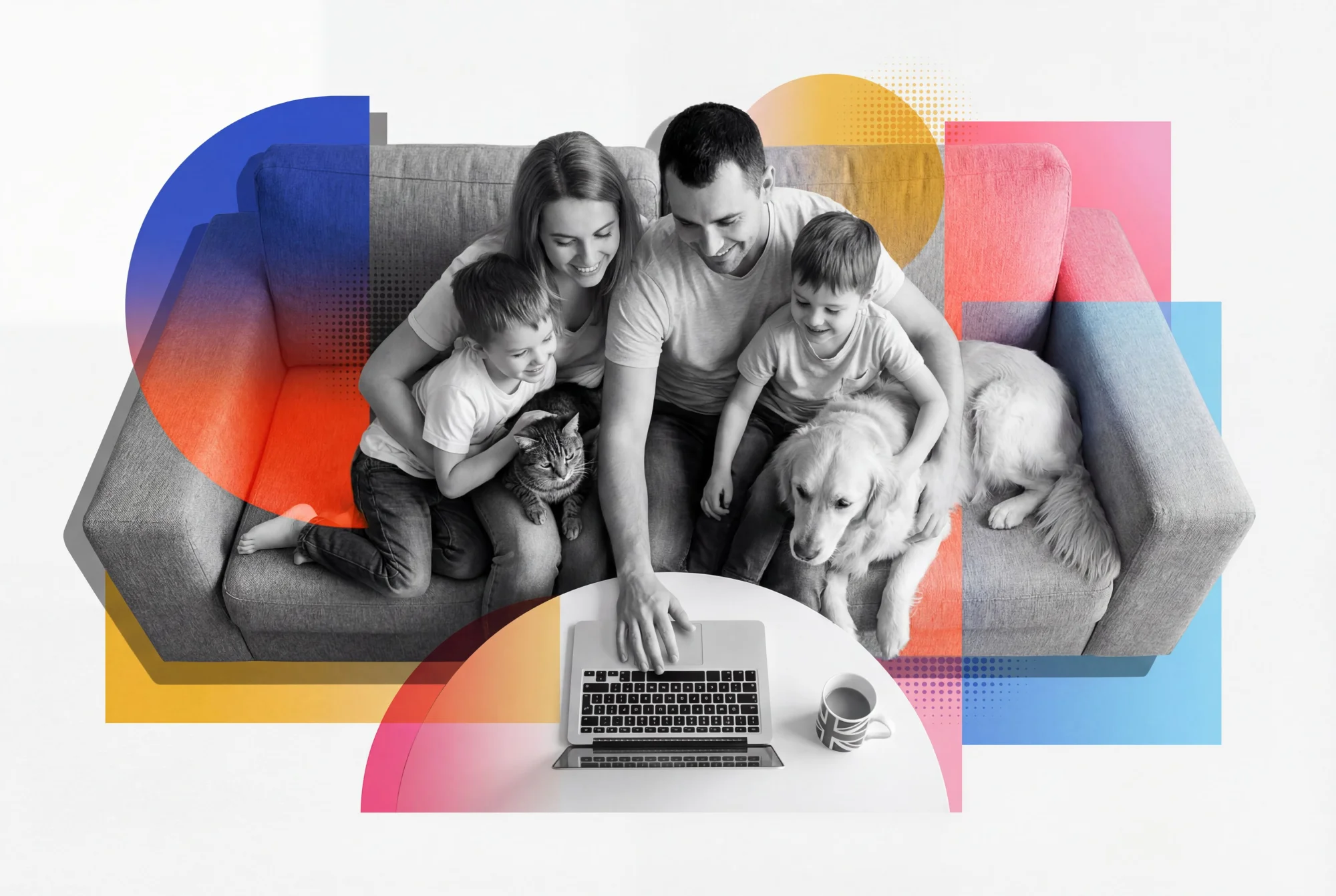 Happy family with pets planning their finances together on a laptop